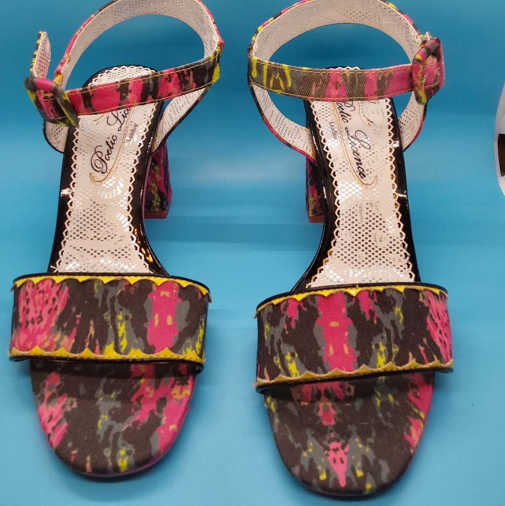 Poetic License Strappy Abstract Multicolor‎ Chunky Heels "BayBreeze"